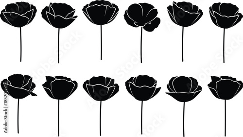 PrintFlower silhouette collection illustration, botanical bloom vector graphic, floral stem design outline icon, nature plant sketch art, decorative garden pattern set