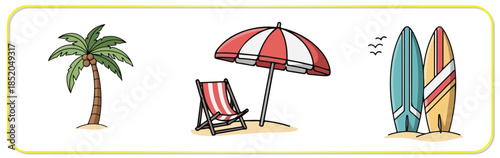 Beach vacation setup with palm tree, beach chair, and surfboards