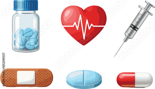 Medical healthcare icons with pills syringe heart bandage and medicine bottle, treatment and hospital symbols vector illustration