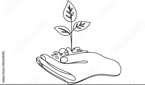 Plant leaves seed grow on hand soil seedling eco natural farm concept.one line  vector illustration  with out background