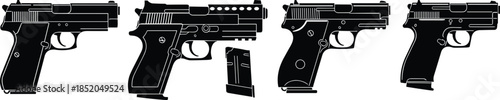 PrintHandgun pistol silhouette illustration, firearm weapon vector graphic, semi automatic gun design outline icon, military security sketch art, defense pattern set