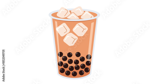 Refreshing Iced Milk Tea with Tapioca Pearls and Ice Cubes in Clear Cup