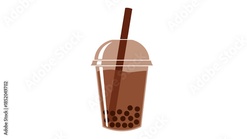 Brown Drink with Tapioca Pearls and Straw in Clear Cup