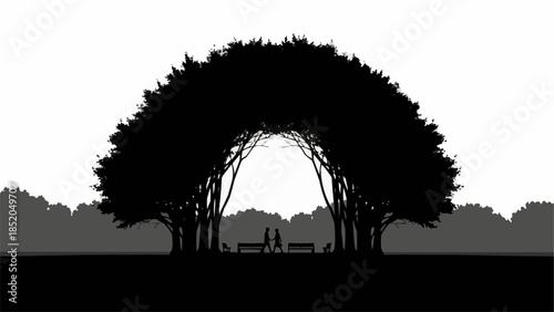 Silhouette of a large arching tree with a person sitting on a bench underneath.