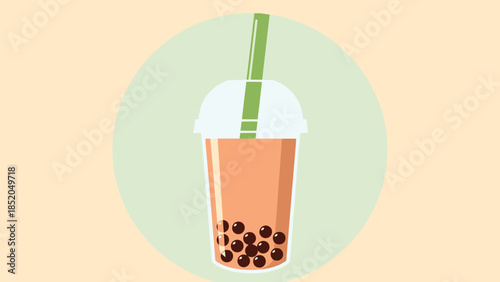 Flat Design Bubble Tea Drink with Tapioca Pearls and Straw