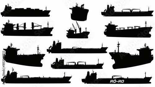 Collection of Silhouettes of Various Cargo Ships and Tankers.