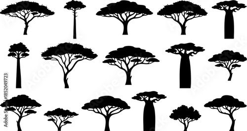 Diverse collection of detailed black tree silhouettes featuring various shapes and species, including savanna and tropical trees like acacia and baobab
