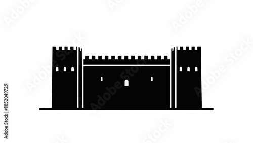 Black Silhouette of a Medieval Castle Fortress with Battlements.