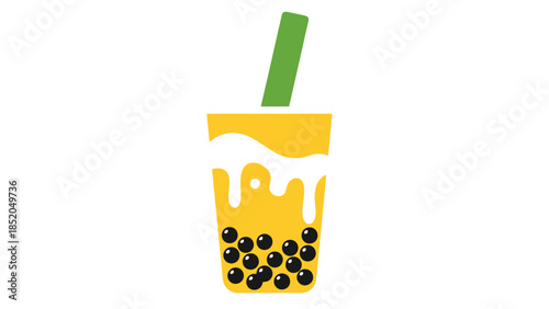 Refreshing Mango Bubble Tea Drink with Tapioca Pearls and Creamy Topping in Clear Cup with Green Straw