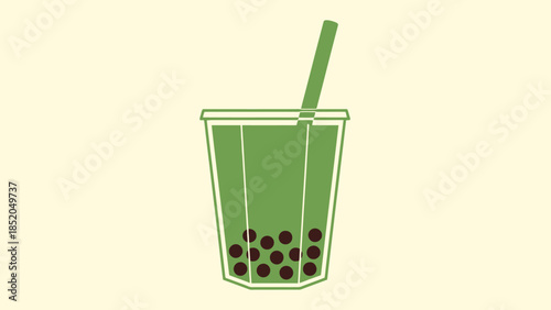 Green Beverage with Tapioca Pearls and Straw in Clear Cup