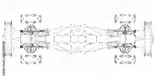 Detailed blueprint of a vehicle chassis with wheels and suspension systems