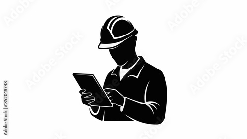 Silhouette of a construction worker in a hard hat using a tablet computer.