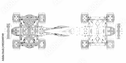 Overhead view of two stylized race cars facing opposite directions