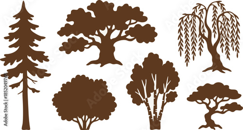 Explore a diverse collection of tree silhouettes, showcasing the natural beauty and varied forms of arboreal life essential for environmental and design concepts