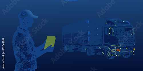 A surreal underwater scene featuring a truck and a person with a clipboard