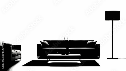 Modern Living Room Furniture Silhouette with Floor Lamp and Coffee Table.