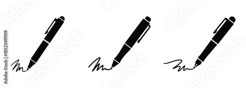 Digital illustration of three black pens actively writing, symbolizing signature or editing