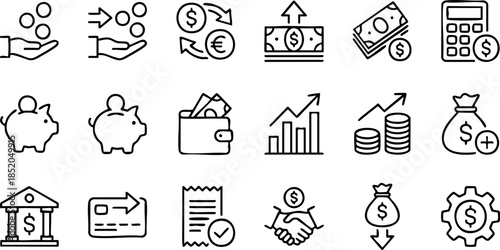 Financial Icons Set Representing Money, Investment, Savings, Banking, and Transactions