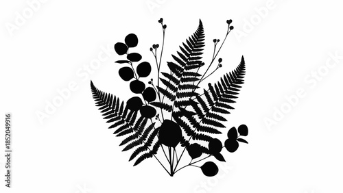 Black silhouette of a fern and berry branch arrangement.