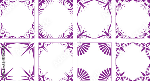 Purple decorative patterns on white background in eight different styles