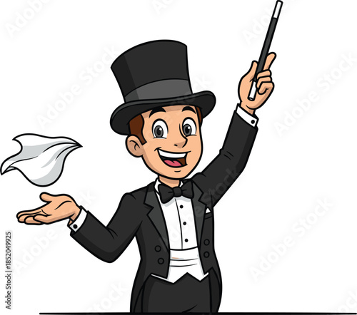 Cartoon magician performing magic trick with wand and handkerchief, happy illusionist character in tuxedo and top hat, vector illustration isolated on white background