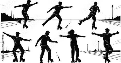 PrintRoller skating silhouette illustration, urban street activity vector, dynamic movement poses design outline icon, recreational sport lifestyle sketch graphic art