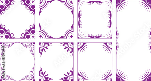 Purple decorative patterns on white background with intricate floral and geometric