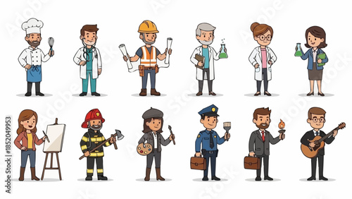 Diverse Group of Professionals in Cartoon Style.