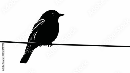 Silhouette of a small bird perched on a wire against a white background.