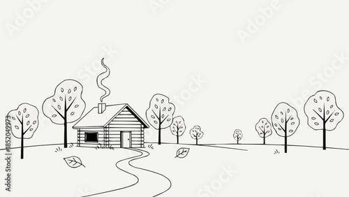 Rustic Log Cabin with Smoking Chimney in a Serene Landscape.