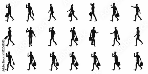 Silhouettes of people walking with briefcases in various dynamic poses