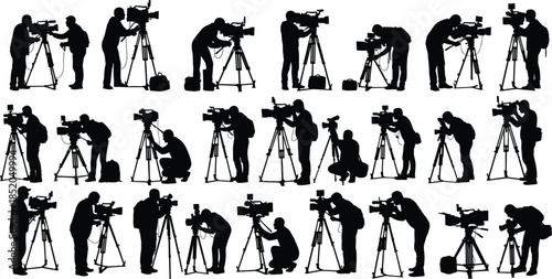 PrintVideographer silhouette collection illustration, camera operator filming vector graphic, tripod shooting design outline icon, professional recording sketch art, cinematic production lifestyle set