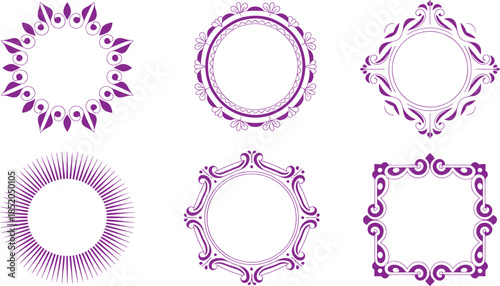 Six decorative purple frames with intricate patterns and floral
