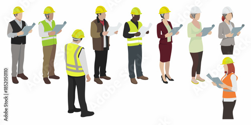 Diverse group of construction workers and professionals reviewing documents on site