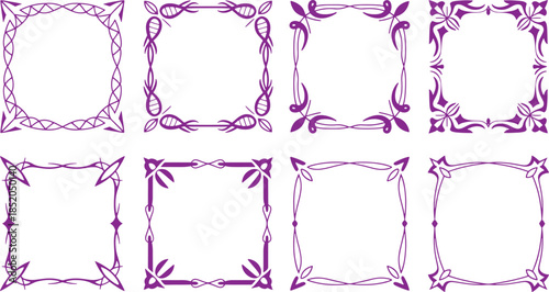 Eight Purple Ornate Square Frames with Floral and Geometric floral geometric patterns intricate