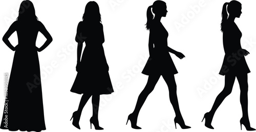 Print  
Woman silhouette fashion illustration, elegant dress vector graphic, female model design outline icon, walking pose sketch art, stylish clothing pattern set