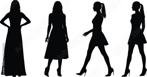 PrintWoman silhouette fashion illustration, stylish dress vector graphic, female model design outline icon, walking pose sketch art, elegant clothing pattern set