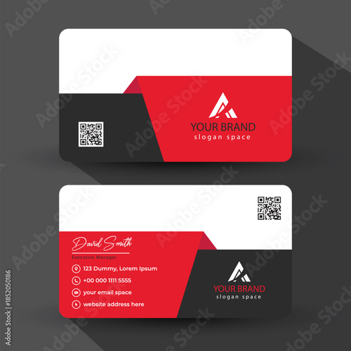Modern business card design with qr code on red black and white