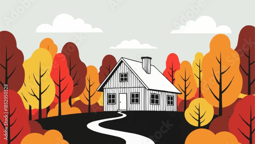 Charming White House Nestled Among Autumn Trees.