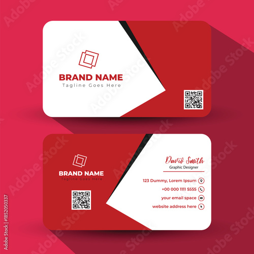 Red and white business cards with qr code on a pink background