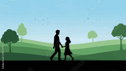 Father and Daughter Holding Hands Walking Together in Park.