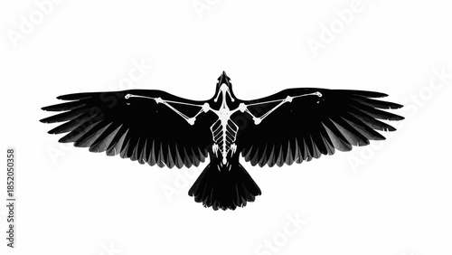 Anatomical Illustration of a Black Bird with Visible Skeleton.