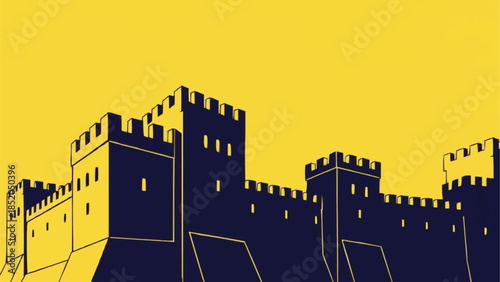 Ancient Fortress Wall With Battlements And Towers.