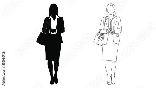 Professional woman in business attire silhouette and outline versions shown side by side