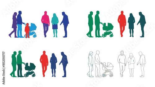 Colorful silhouettes of diverse families and individuals walking together