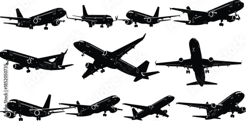 PrintAirplane silhouette collection illustration, commercial aircraft vector graphic, aviation flight design outline icon, passenger jet sketch art, transportation travel pattern set