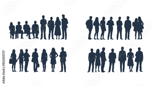 A collection of dark blue silhouettes depicting a diverse group of people