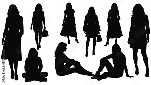 Silhouettes of women in various poses and fashionable attire against a white background