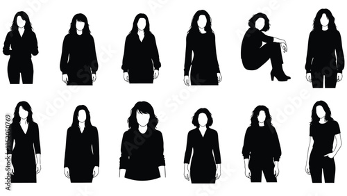 Silhouettes of women in various poses and outfits a minimalist collection