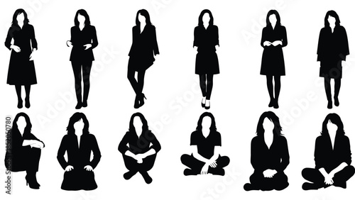 Silhouettes of women in various poses and professional attire displayed in rows